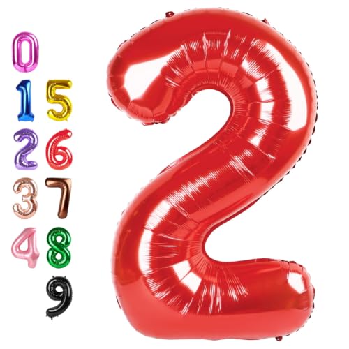 Image of Number Balloons 2 Balloon 40 inch Red for 2nd Birthday Party Decorations | Saturated Color, Large 40 in, With Straw & Hanging Hole, For Back-to-School Season, Wedding, Christmas, New Year, Anniversary