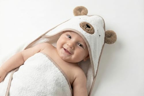 Image of Organic Baby Hooded Bath Towel 30x30 Inch - 100% Organic Cotton, 380 GSM Soft & Absorbent Newborn Towel with Embroidered Hood, (Bear)