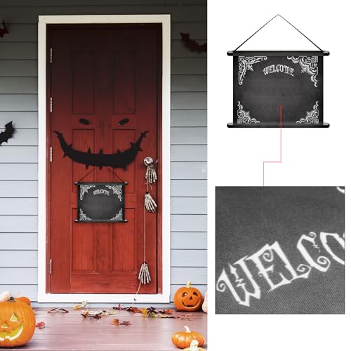 Sumind 2 Pieces Halloween Gothic Mansion Banners Halloween Skull Hanging Banners with Welcome Foolish Mortals Porch Sign Spooky Pillar Sign Decorations for Outdoor Party Supplies by Sumind - Image 4