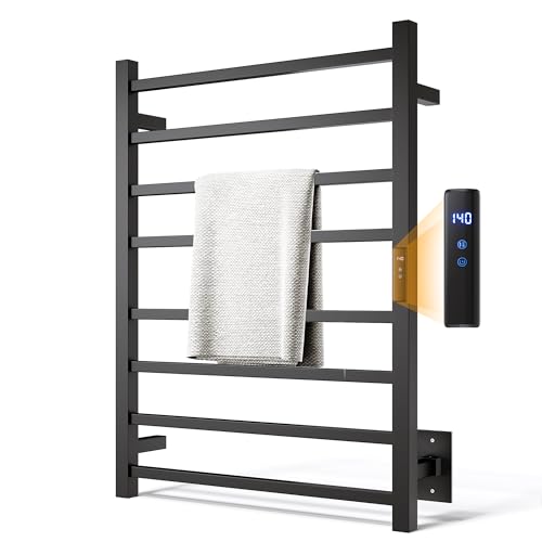 AquivaCoast Towel Warmer Rack, Heated Towel Racks for Bathroom, Wall Mounted Towel Warmer, Stainless Steel 8-Bars Drying Rack with Intelligent Touch Screen Timer, Matte Black