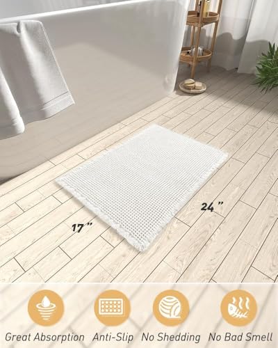 Image of HomeCloud Waffle Bath Mat, Super Absorbent Non Slip Mats for Bathroom Floor, Machine Washable Bathroom Rugs with Tassels,Ultra Soft
