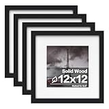 Egofine 12x12 Frame, Made of Solid Wood with HD Plexiglass for Pictures 8x8 with Mat or 12x12 without Mat, Wall Mounting Display, Set of 4, Black