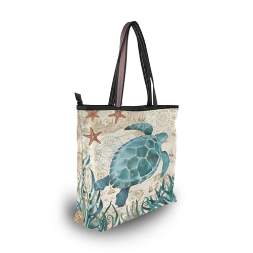 Image of Women Turtle Tote Bag Polyester Handbag Zippered Tote Bag Turtle Tote Purses,Summer Beach Tote Bag