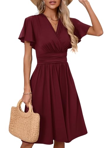 Image of Women's Casual Summer Dress V Neck Short Sleeve Flowy Stretchy Comfort Fit for Daily Wear Work Midi Dresses