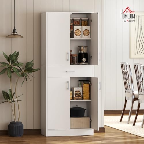 HOMCOM Alacena de Cocina con 4 Puertas 1 Cajón y Estantes Ajustables Antivuelco Armario de Cocina Moderno para Comedor Salón 70,8x34x180 cm Blanco y Plata - imagen 2