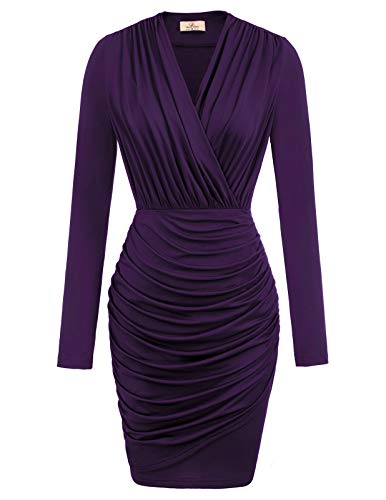 GRACE KARIN Women抯 Long Sleeve Ruched Bodycon Wrap Dress for Wedding Guest Purple 1 XL