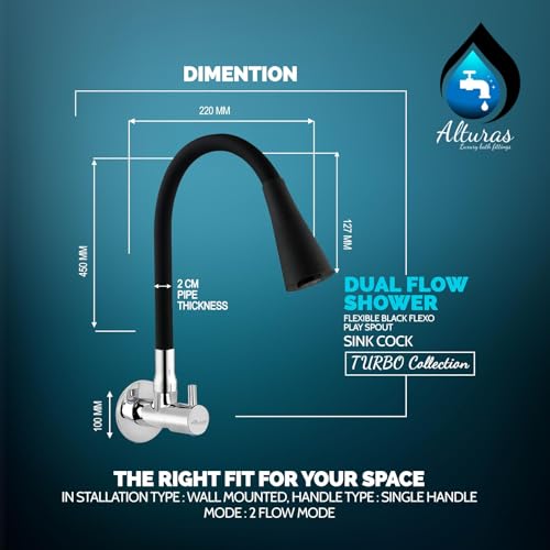 Image of ALTURAS Dual Flow Black Kitchen Sink Cock with 360 Degree Swivel Spout | Kitchen Sink Tap | Kitchen Faucet | Tap for Kitchen (Turbo)