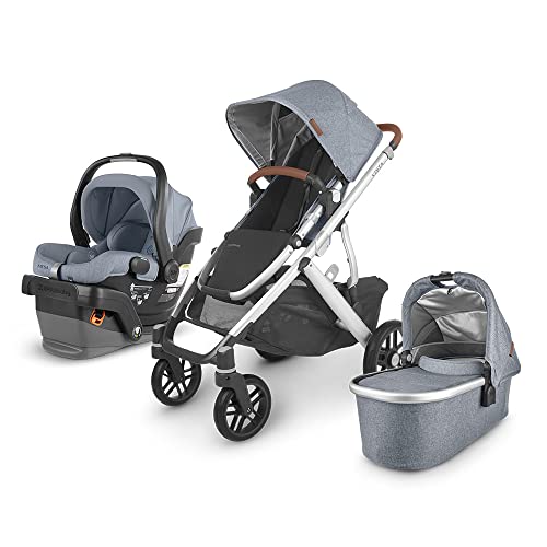 Vista V2 Stroller – Gregory – Blue Mélange | Silver Frame | Saddle Leather + Mesa V2 Infant Car Seat – Gregory – Blue Melange | Merino Wool