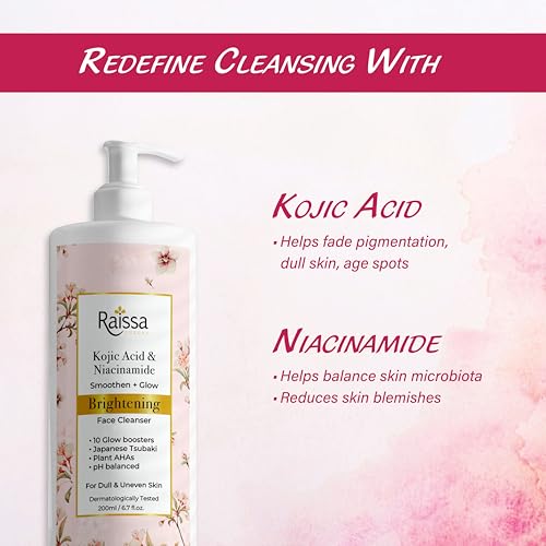 Image of Raissa Face Wash Cleanser with Kojic Acid & Niacinamide for Dull, Uneven Skin, 200ml | Brightening Formula with Japanese Tsubaki & Plant AHAs