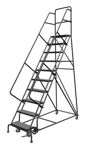 Image of Tri-Arc KDSR110246 10-Step Steel Rolling Industrial and Warehouse Ladder with Handrails and 24 inch Wide Perforated Tread