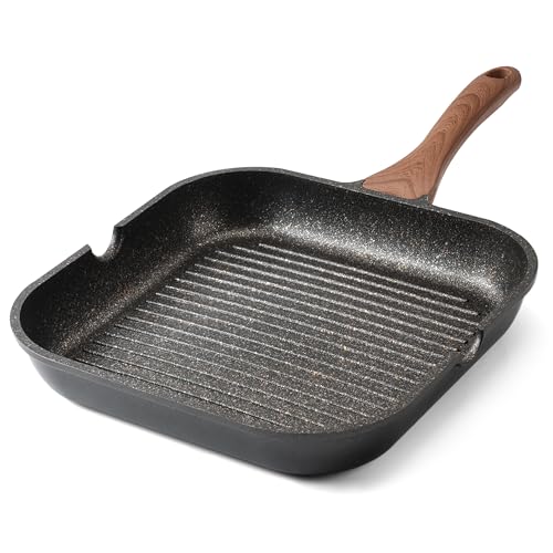 Nonstick Grill Pan for Stove Tops, Versatile Griddle with Pour Spouts, 11 Inch Granite Coating Square Grill Skillet, Black Steak Pan, Compatible with All Stovetops (Gas, Electric & Induction)