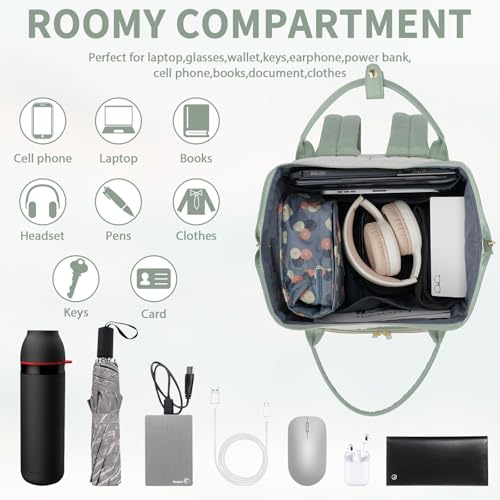 Image of VANKEAN 15.6 Inch Laptop Backpack for Women Fashion Computer Work Bag, Large Capacity Waterproof Backpack, College Daypack Business Travel (Beige-Light Green, 15.6 Inch)