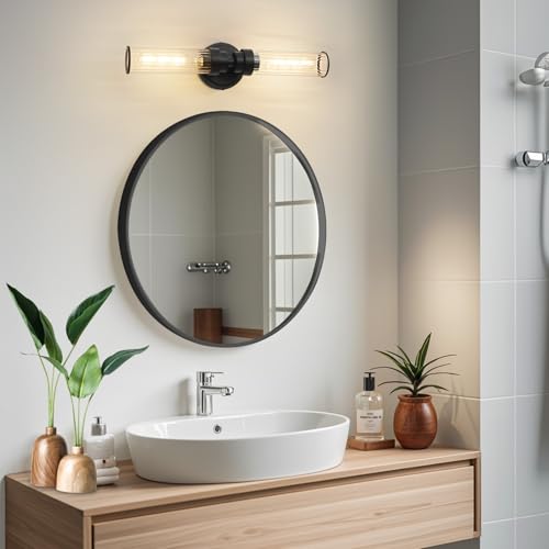 Image of Bathroom Light Fixtures, Black Wall Sconce in Threaded Glass Indoor Vanity Lights, Modern Bathroom Vanity Light Up and Down Sconces Wall Lighting for Bathroom, Living Room - Bulb Not Included