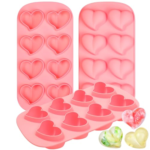 Webake Heart Shpaed Ice Cube Trays, 8-Cavity Heart Silicone Molds for Whiskey, Cocktail, Chocolate, Ice Cubes, Candy with Fun Shapes (Pack of 3)