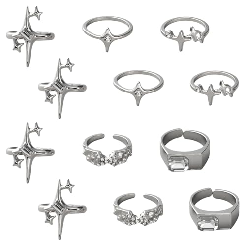 GOMAKERER 12 Pcs 6 Styles Vintage Silver Rings, Star Rhinestone Alloy Cuff Rings Stackable Finger Ring Chunky Irregular Adjustable Finger Ring for Women Jewlery Boho Gift