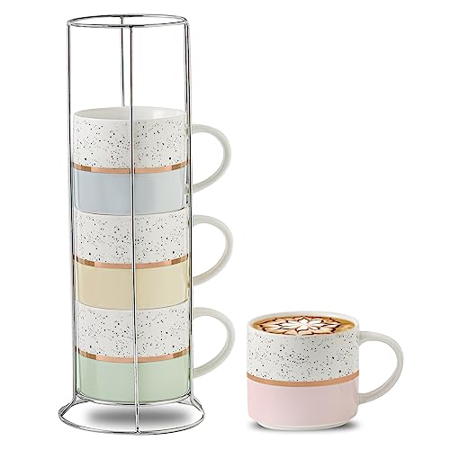Hasense Stackable Coffee Mugs Set Of 4 With Metal Stand, 15 Ounce Large Stacking Ceramic Cups With Rack Perfect For Coffee Cocoa Latte Milk And Tea, Assorted Color #TOP8