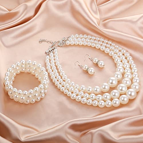 Haysandy 1920s Pearl Necklace for Women Costume Jewelry Set Faux Pearl Necklace Bracelet Earring for Party Wedding Gift3