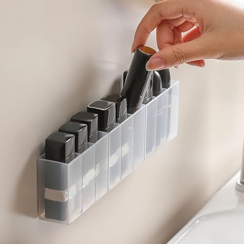 Image of Mini Wall Mount Storage Box, 6 Compartment Transparent Plastic Makeup Brush Lipstick Holder Self-Adhesive Pen Holder Makeup Organizer for Home Office..