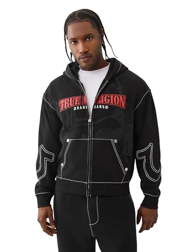 True Religion Men's Cinched Big T Zip UP Hoodie – Full Zip Sweatshirt with Contrast Stitching