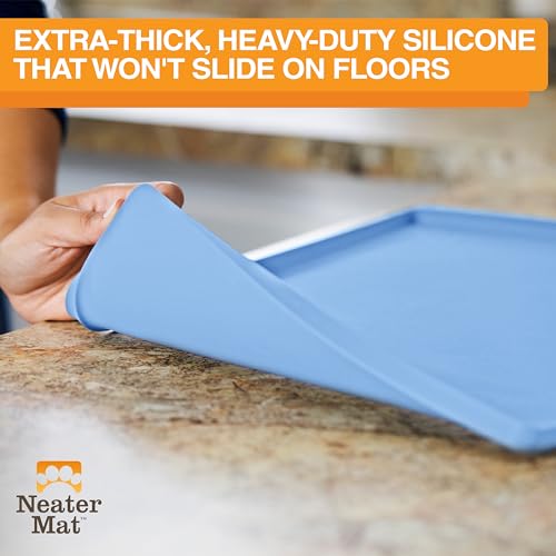 Image of Neater Pet Brands Neater Mat Pet Mats for Food and Water, Cat & Dog Bowl Mat Waterproof Silicone, Feeding Tray, Dog Food Mats for Floors, Placemat w /Raised Edge for Under Bowls, 16 inch x 10 inch, Light Blue