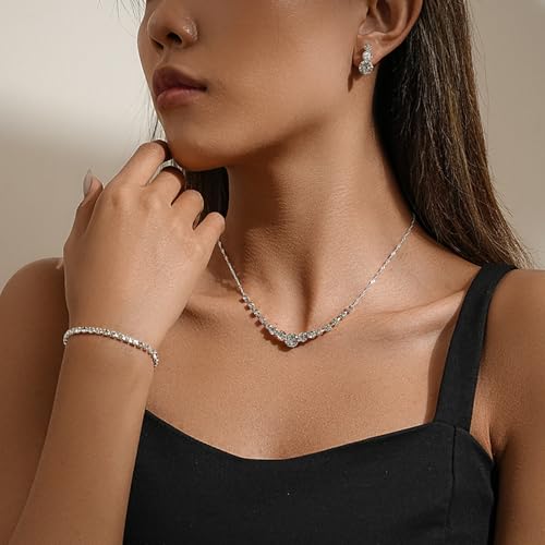 Crystal Wedding Jewelry Set, Silver Necklace Earrings Bracelet Crystal Bridal Wedding Jewelry Sets for Brides Bridesmaid Prom Costume Accessories - Image 3