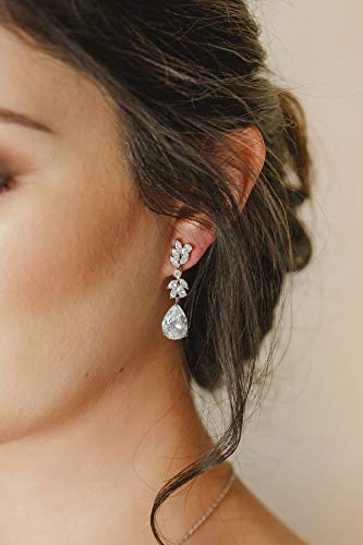 Sweetv Teardrop Wedding Bridal Jewelry Set For Brides Bridesmaid, Silver Crystal Pendant Necklace Drop Dangle Earrings Set For Women #TOP3