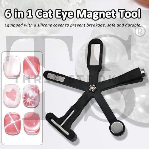 Image of THR3E STROKES 6 in 1 Cat Eye Magnet Tool, Upgraded Cat Eye Gel Nail Polish Magnet with Silicone Protective Case, Multi-Function Magnet Stick 3D Strong Magnetic Cat Eye Nail Art for Salon Studio Home, Black (6 IN 1 MAGNET BLACK)