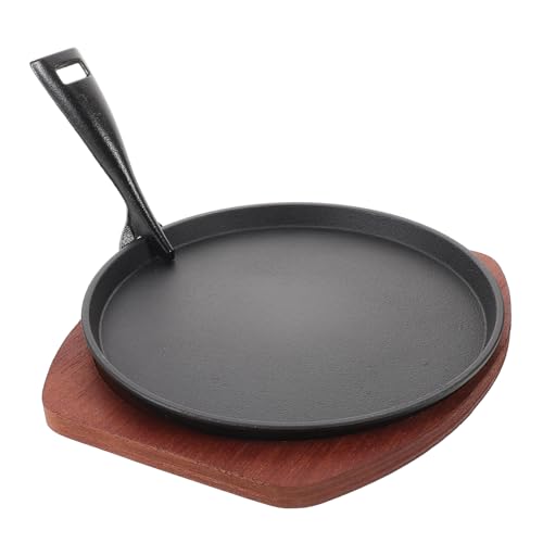 Cabilock Cast Iron Steak Plate Set Non Stick Bbq Pan with Wooden Base Iron Plate Clip for Home Cooking Stylish Design for Grilling Steaks Roasting Vegetables and Seafood