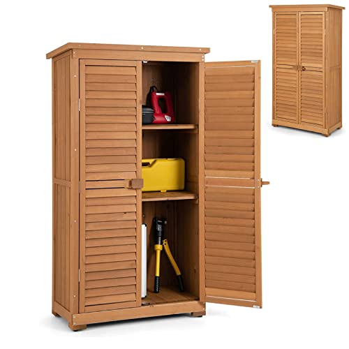 TANGZON Wooden Garden Storage Shed, Outdoor Tool Storage Cabinet with 3 Detachable Shelves, Tilt Asphalt Roof & Lockable Doors, Vertical Tool Organizer House Closet for Patio Deck Yard, 82x42x160cm