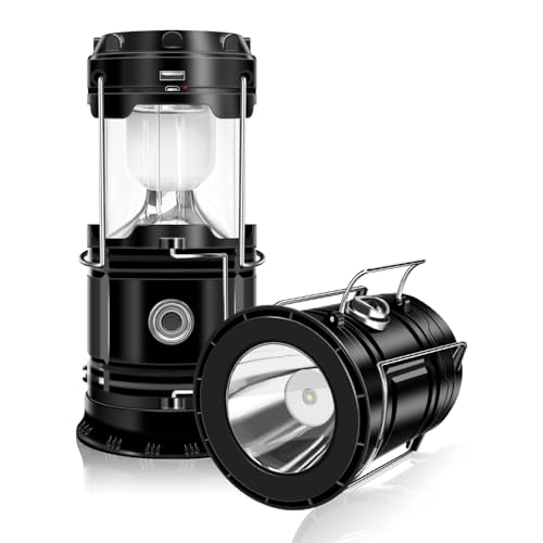 DIBMS 2-Pack Solar Camping Lantern, Collapsible LED Solar USB Rechargeable Lantern Flashlight Emergency Hanging Lights for Camping Hurricanes Power Outages Indoor Outdoor