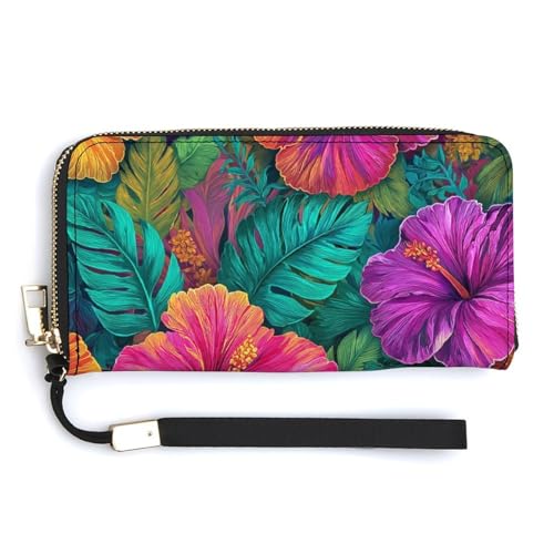 Tropical Flowers Leaves Hibiscus Monstera PU Leather Clutch Long Bifold Wallet, Coin Purse Credit Pass Case, Durable Card-Holder Money Storage for Women Men