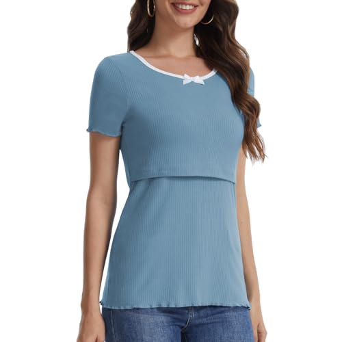 Bearsland Women Summer Short Sleeve Nursing Top Scoop Neck Nursing Shirt Breastfeeding Shirts Smoky Blue L