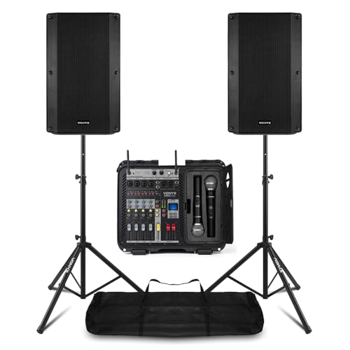 Full Passive PA System with 15'' Vonyx VSA15P Passive Speakers, 6-Channel Power Mixer & Wireless Mics | Portable Mixer PA Amplifier, Bluetooth, and Speaker Stands Included
