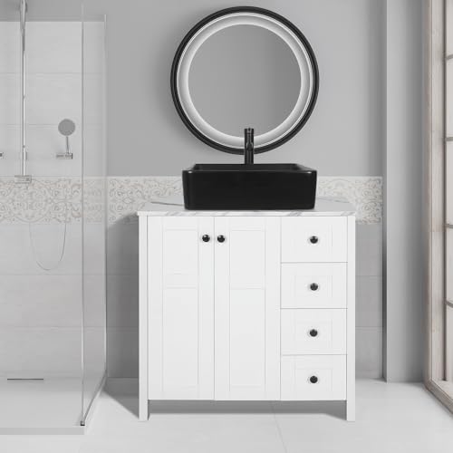 Puluomis 32-Inch Traditional Bathroom Vanity Set in White Finish, Single Bathroom Vanity with Marble Texture Top and 4 Drawers, Black Ceramic Sink Top with Single Faucet Hole