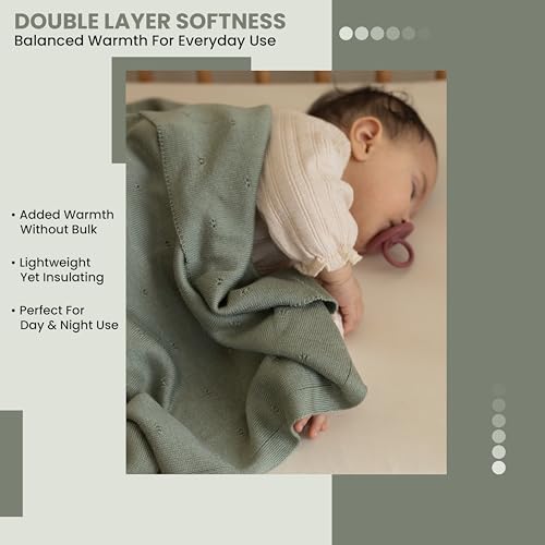 Image of Pointelle 100% Tencel Baby Blanket 30x40 in, Green, Oeko-Tex Certified, Silky Soft Knit, Thermal-Regulating Swaddle and Receiving Blanket for Newborns