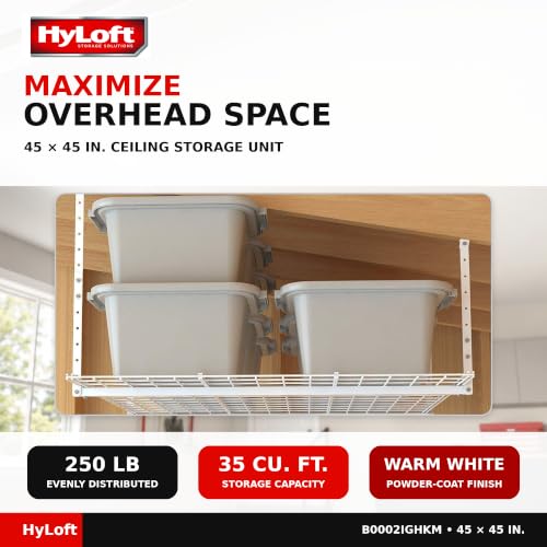 Image of HyLoft Overhead adjustable Garage Storage Rack,Heavy Duty Steel Garage Storage System, 45-Inch x 45-Inch, White