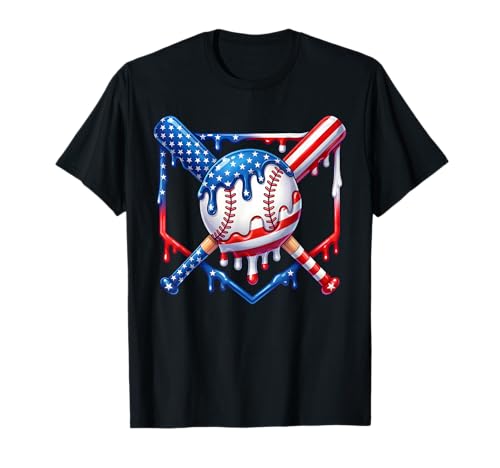 Baseball Drip Ice Cream American Flag 4th of July Boys Kids T-Shirt