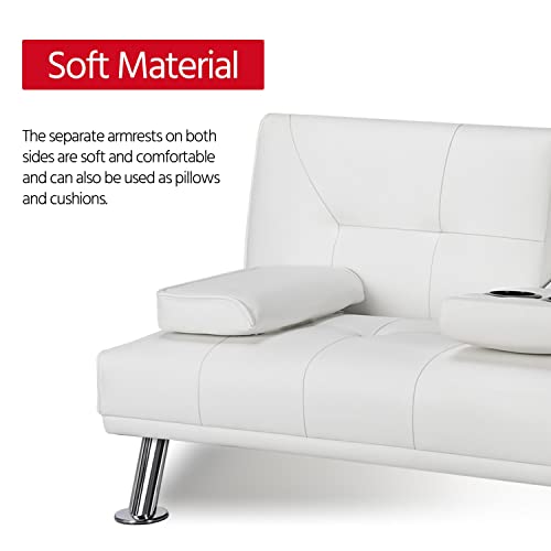 Yaheetech Convertible Sofa Bed Adjustable Couch Sleeper Modern Faux Leather Home Recliner Reversible Loveseat Folding Daybed Guest Bed, Removable Armrests, Cup Holders, 3 Angles, 772Lb Capacity, White #TOP5