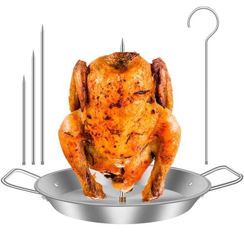 Vertical Meat Skewer Stainless Steel BBQ Vertical Skewer Grill with 3 Replacement Spikes and Hanger Brazilian Barbecue Grilling Rack with Handle and Drip Tray for Whole Chicken Fish Sausage Steak