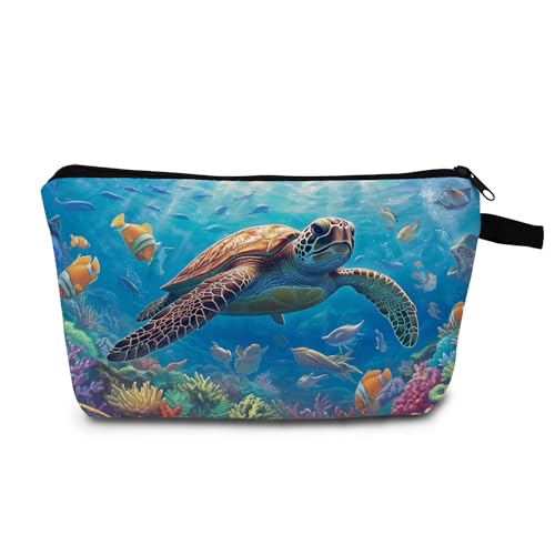 MoCaliduccious Oceanic Print Makeup Bag Turtle Tropical Fish Print Cosmetic Pouch Joyful Birthday Beach Vacations​​ Summer Gift for Sea Lovers Friends​​