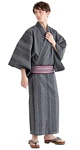 [キョウエツ] 浴衣セット 伊達男 A 4点セット(浴衣、帯、下駄、腰紐) メンズ (L, A-1.亀甲十字×黒(ワンタッチ角帯 紫))