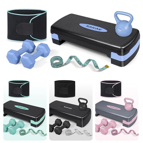 SAKAE Blue Adjustable Aerobic Stepper Kit with Dumbbells & Kettlebell & Weightlifting Belt & Measuring Tape, 2 Level Risers Exercise Step Platform for Home Gym Exercise Fitness Workout, black