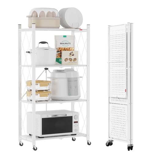DEANIC Estantes de Almacenamiento Plegables, 4 Niveles de Metal para Almacenamiento, 61 x 116 x 28 cm, estantes esquineros de Cocina con Ruedas, estantes de despensa, estantería para Sala de Estar,