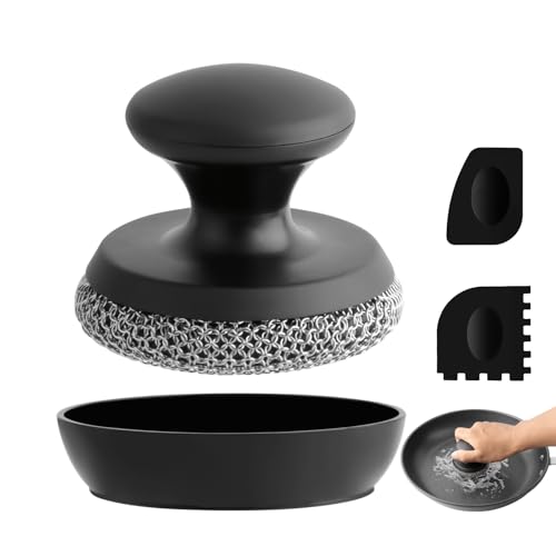 Cepillo Limpieza para Sartén Hierro Fundido, con 2 rascadores, para Limpieza de sartenes de Hierro, ollas, sartenes, Parrillas (Negro – 1 Piezas)