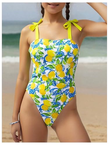 OYOANGLE Girl's One Piece Swimsuit Cute Lemon Print Tie Shoulder Bathing Suits Beachwear2