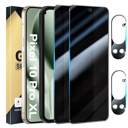 [2+2 Pack] Privacy Screen Protector for Pixel 10 Pro XL Tempered Glass with Camera Lens Protectors - 9H Hardness Anti Spy Support Fingerprint Unlock Black