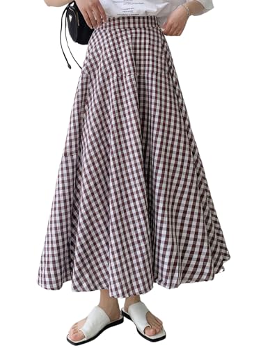 ebossy Women's Casual Retro Plaid A-Line Swing Boho Skirts Elastic Waist Flared Gingham Long Skirts