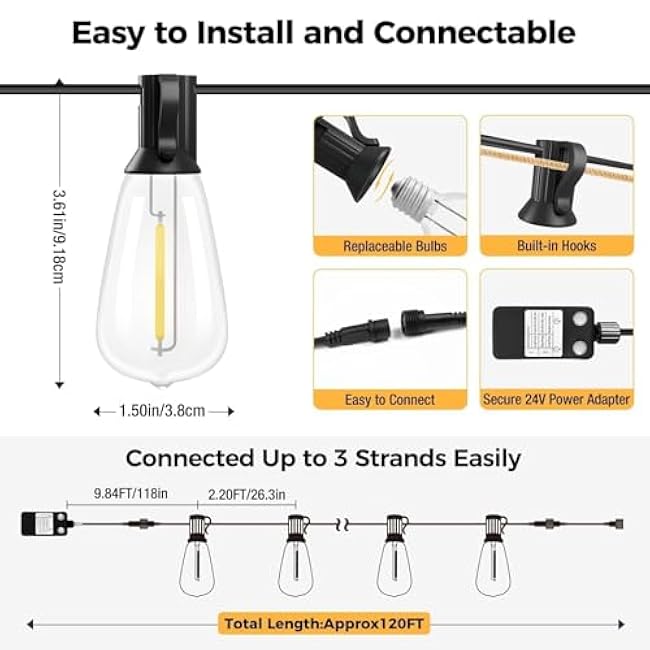 litogo 120FT LED Outdoor String Lights with Dimmer, Waterproof Patio Lights with ST38 Vintage Edison Bulbs, Warm White Outside Hanging Light with Timer for Yard Gazebo Party