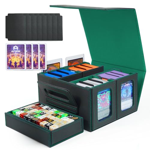 AFIING Commander Deck Box for MTG, Holds 400+ Double-Sleeved Cards, 4 Removable Deck Cases with Display Window, Dice Tray/Handle,Trading Card Storage Organizer/Dividers for TCG (Black Green)