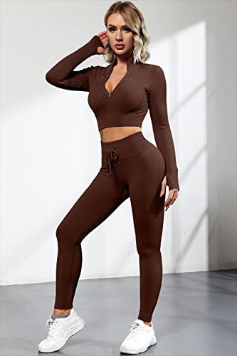Qinsen Women Winter Workout Sets Funnel Neck Long Sleeve Sport Shirt Tummy Control Fitted Yoga Pants 2 Pieces Tracksuit Coffee M #TOP5